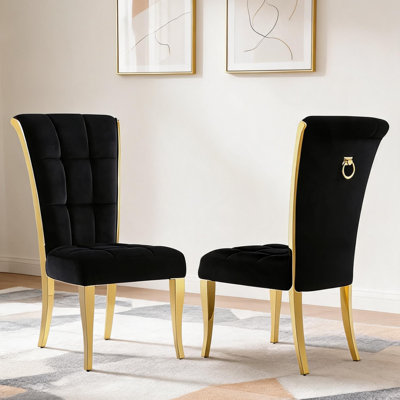 High End Velvet Dining Room Chair with Metal Back Ring Pull Trim Gold Legs