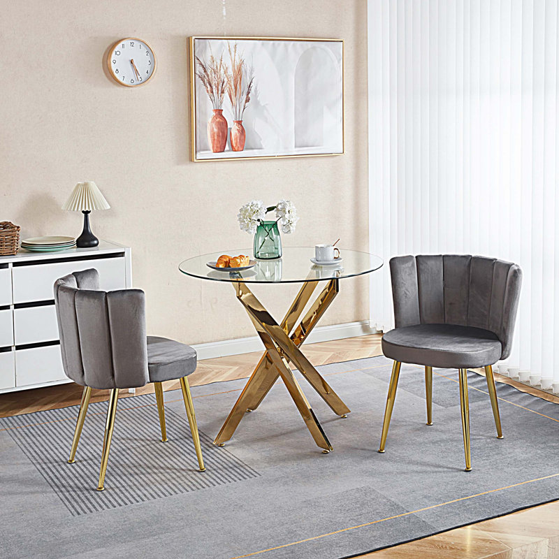 Chaise de salle à manger moderne avec pieds en tube de fer de couleur dorée, velours et dossier confortable, ensemble de 2