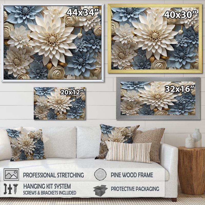 «Simplicity Mums Bloom» en beige et bleu pâle II - Mums, art mural, Toile tendue, H 12 po x l 20 po x P 1 po