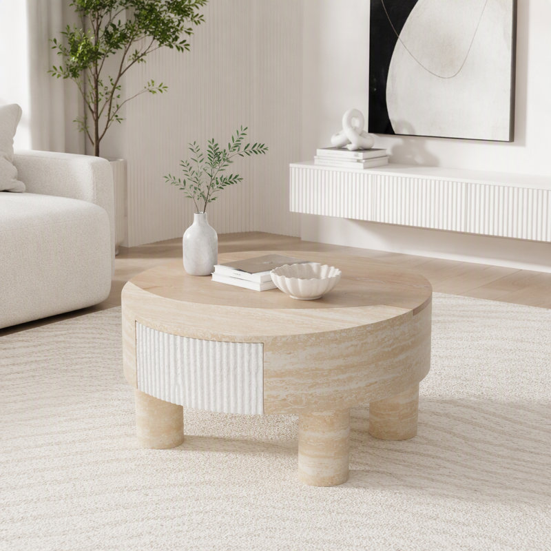 Table basse ronde avec plateau relevable avec rangement dissimulé