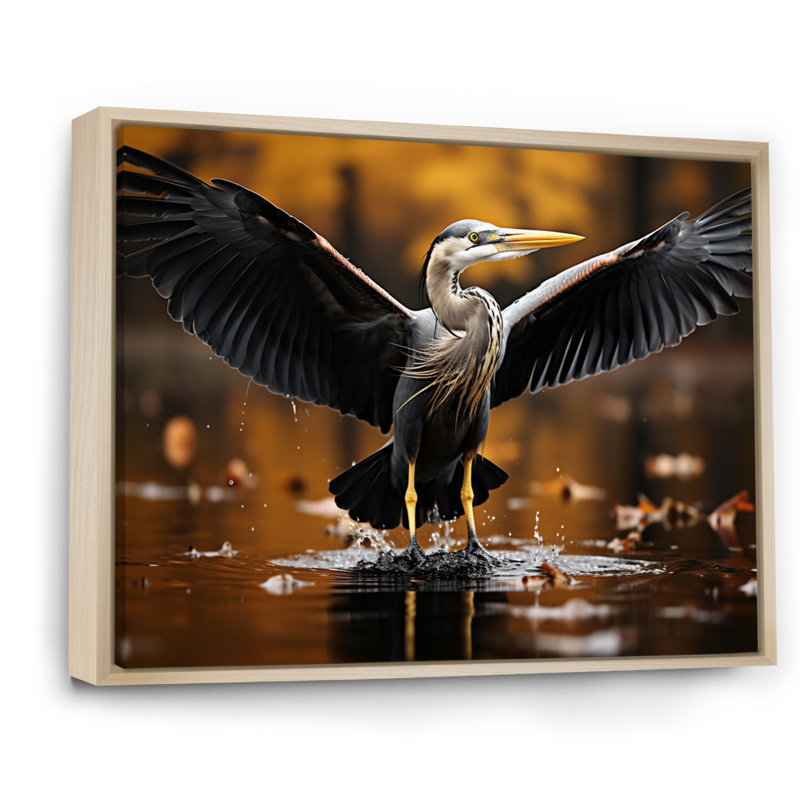 «Yellow Black Heron Elegance» dévoilé sur toile, Cadre naturel flottant, H 16 po x l 32 po x P 1 po