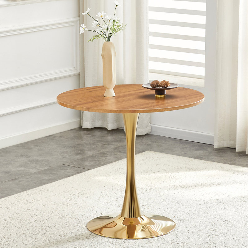 Table de salle à manger ronde avec plateau en faux bois épais et piédestal en métal pour petits espaces et usages multiples