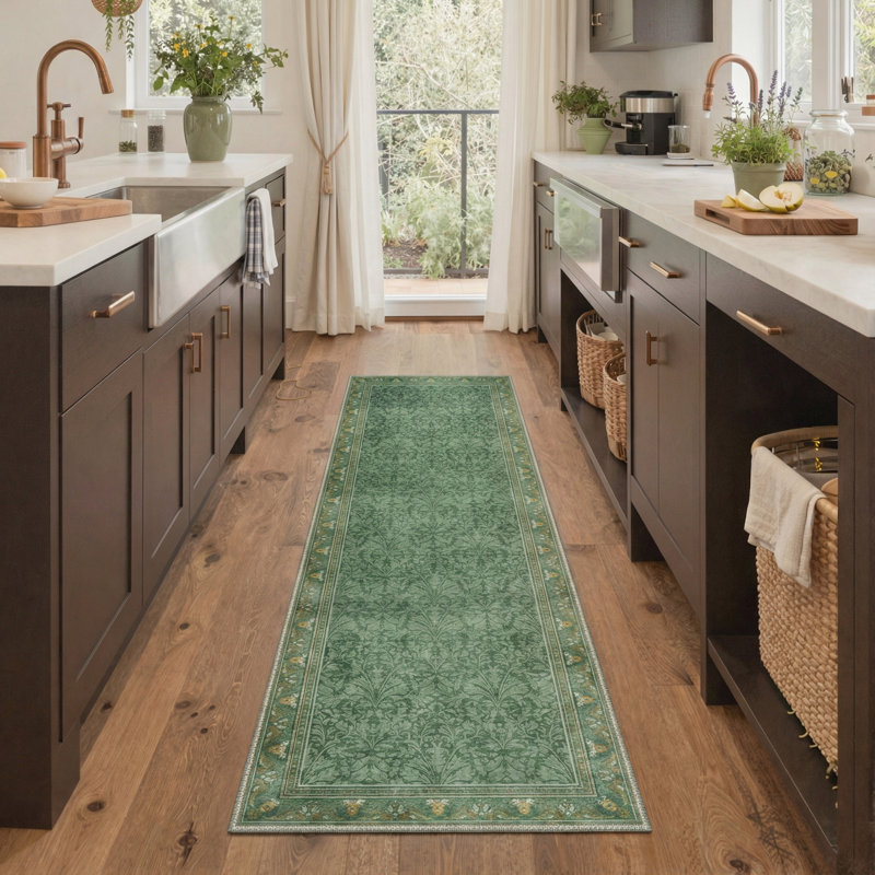 Verdure Floral Botanical Vines Machine Washable Sage Indoor Area Rug With Non-Slip Backing, Runner 2' x 7'