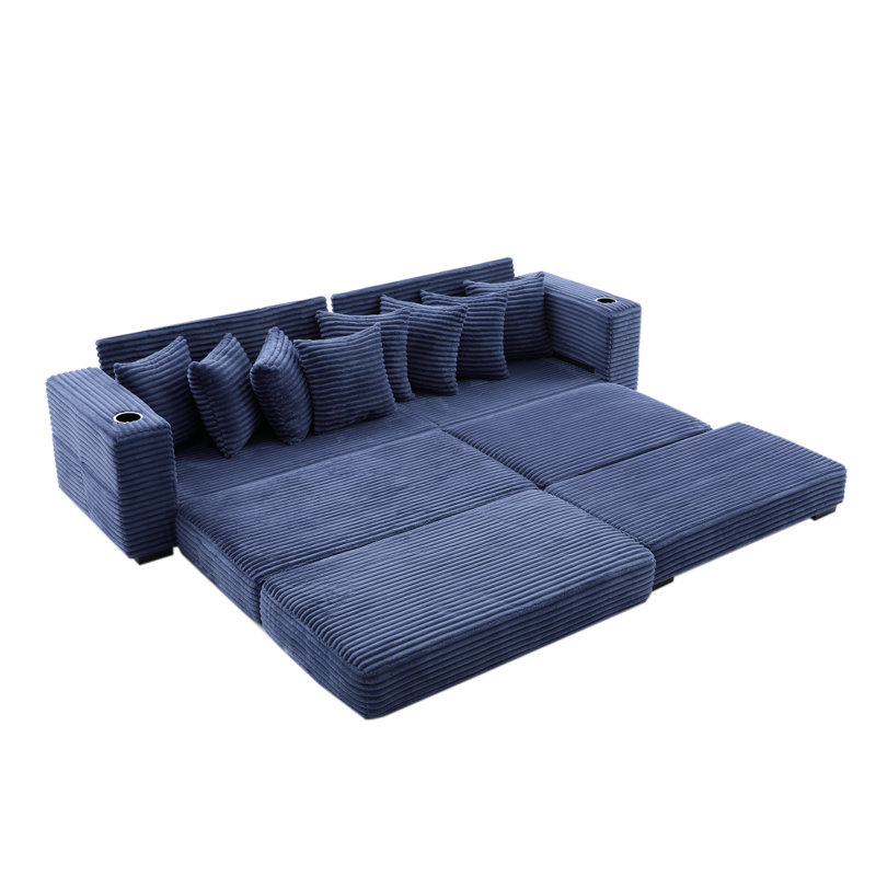 Canapé modulaire réversible en L, Velours côtelé bleu