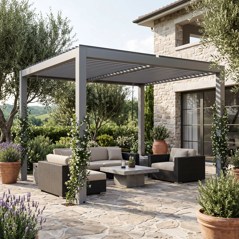 Pergola Vikos 10x10 en aluminium et persiennes en acier galvanisées, 10 pi x 10 pi