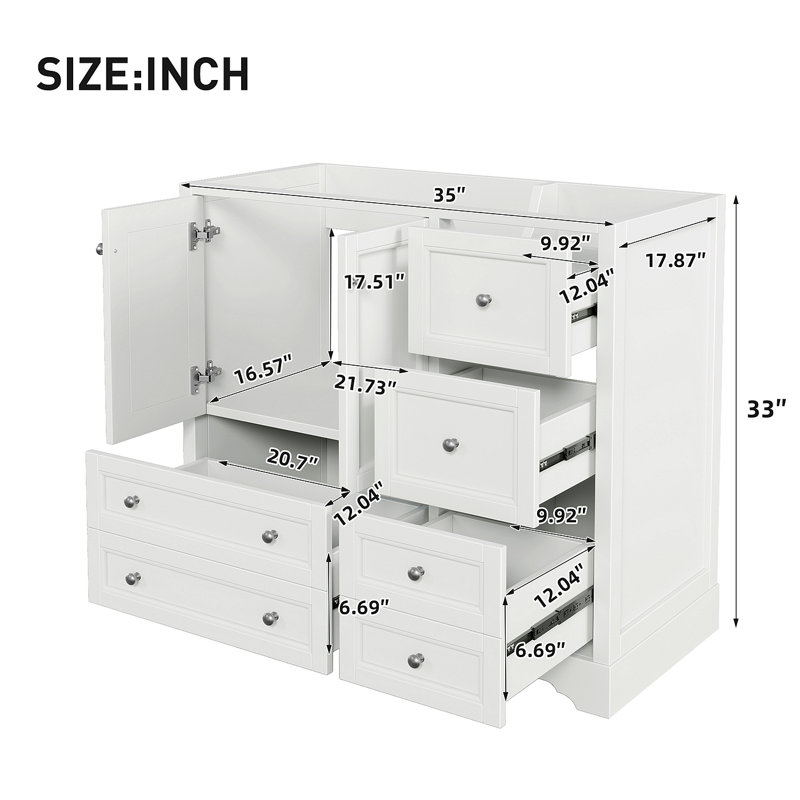 Meuble-lavabo 36 po sans lavabo, meuble-lavabo autoportant en bois massif avec 4 tiroirs de rangement et une tablette, portes à fermeture en douceur