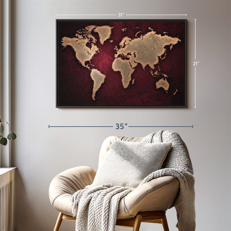 «Maroon World Map Wall Art», H 21 po x l 31 po