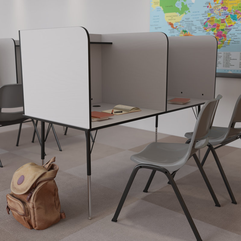 Stand-Alone Double Study Carrel with Top Shelf, Height Adjustable Legs, and Wire Management Grommet, Grey