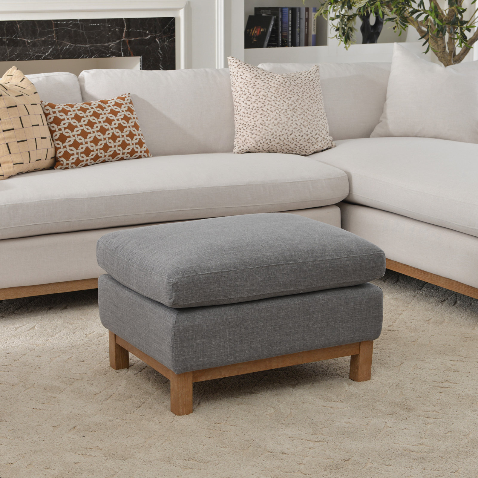 Cami 30" Upholstered Ottoman, Coastal Fog Linen Blend