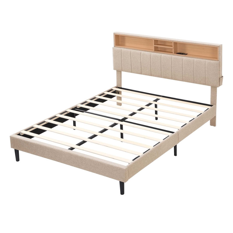 Isenberg Vella Upholstered Bookcase Platform Bed, Queen, Beige