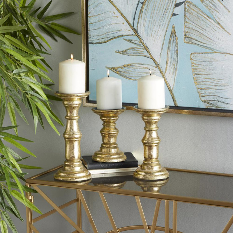 Wood Tabletop Candlestick Set, Gold, 6.05" H x 4" W x 3.95" D