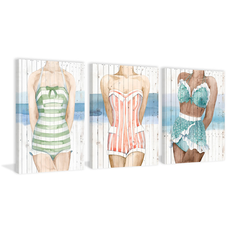 Bygone Bathers Triptych - ensemble de 3 reproductions sur toile, H 60 po x l 40 po x L 1,5 po