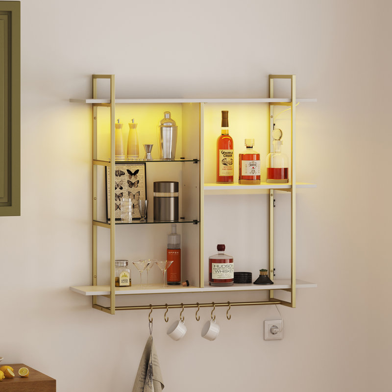 Floating Shelves for Wall with Lights and 6 Hooks