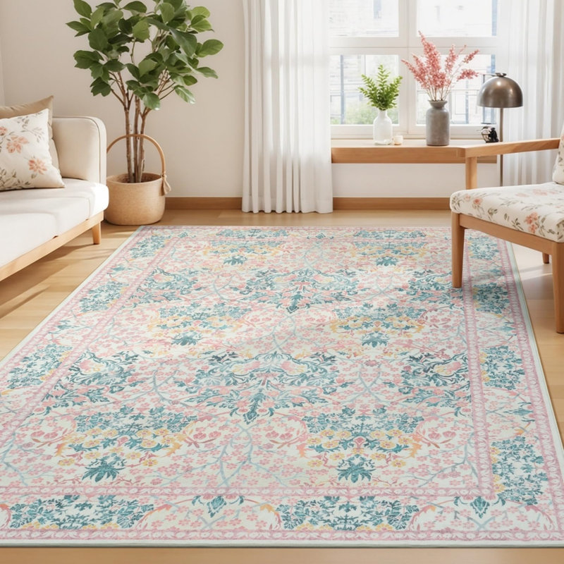 Tapis pastel à médaillons floraux 5 pi x 7 pi pour chambre de bébé rose bleu