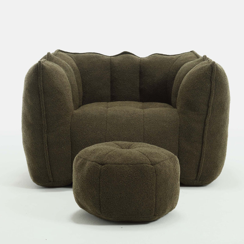 Comfortable Lazy Sofa with Footstool,Soft Bean Bag Chair for Living Room, Olive Green Chenille, 26" H x 42.5" W x 33.5" D