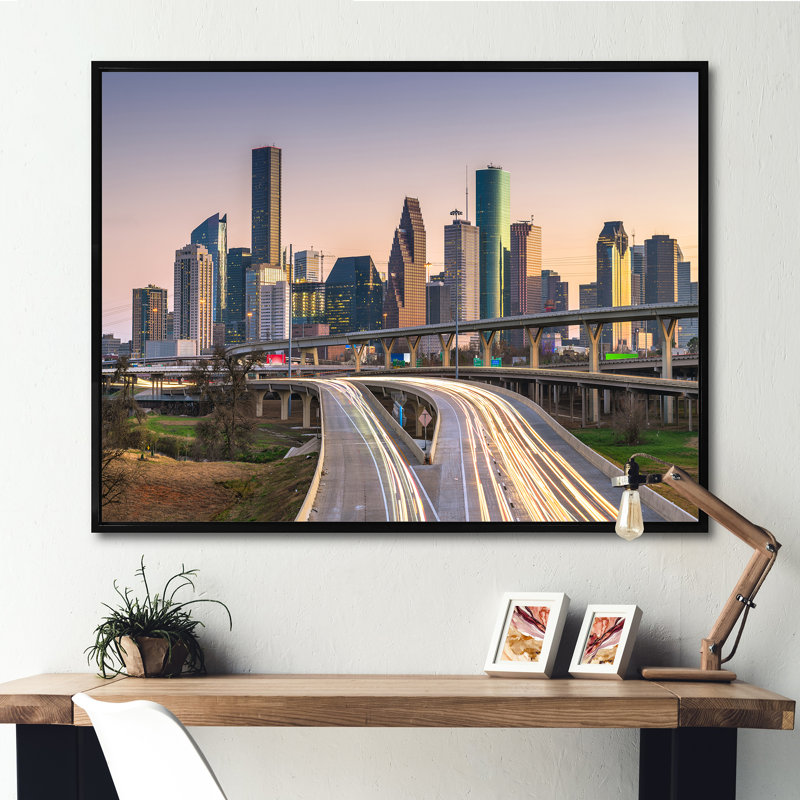 «Houston Texas Skyline - Cityscapes», reproduction d'art sur toile, H 12 po x l 20 po x P 1 po, Cadre flottant noir
