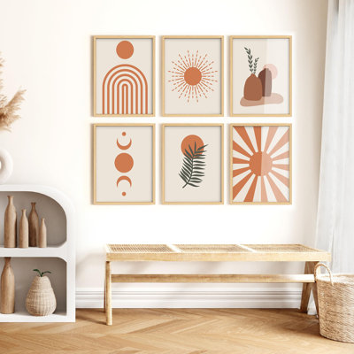 Art mural encadré, ensemble de galerie, plante tropicale, soleil brillant, formes abstraites, motifs décoratifs nordiques modernes pour salon, chambre à coucher, bureau