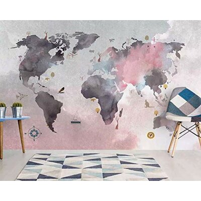 Pink Gray Scandinavian World Map Textile Wallpaper -  GK Wall Design, GKWP000040W75H49