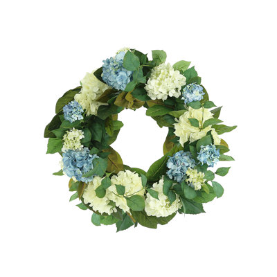 27" Assorted Hydrangea Wreath with Magnolia Leaves