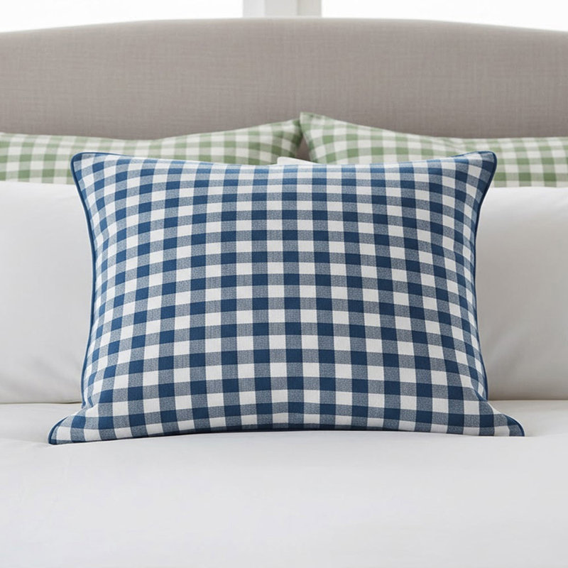 Gingham Pattern Pillow Sham, 20"H x 36"W, White/Navy Blue Border