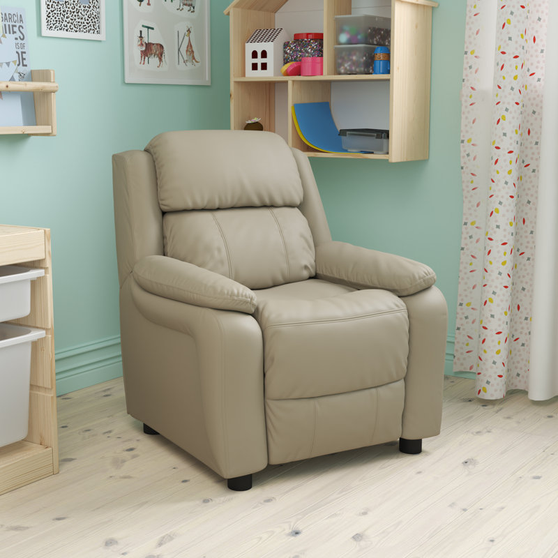 Deluxe Padded Contemporary Kids Recliner with Storage Arms, Vinyl - Beige