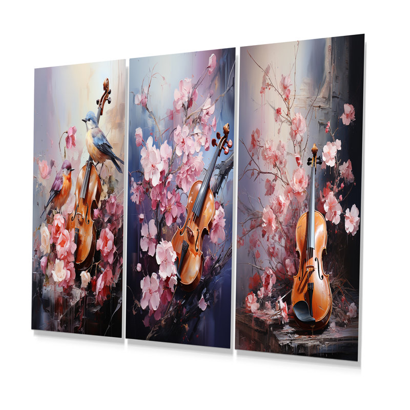 Violin And Nature Harmonic Hues - Music Metal Wall Art Set Of 3, 28" H x 36" W