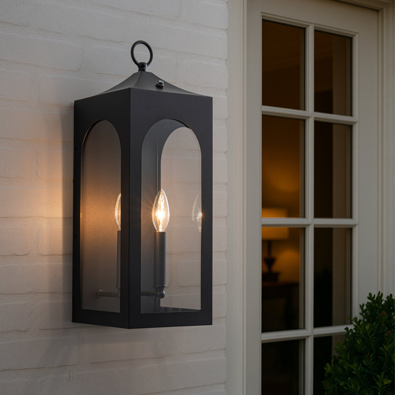 H16" 1-light Unique/statement Dusk To Dawn Outdoor Wall Light With Clear Glass Farmhouse Black Exterior Wall Sconce With Open Bottom Waterproof Porch Light Fixture For Garage