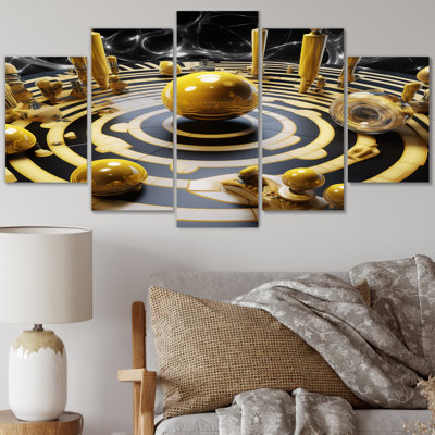 Futuristic Circular Golden Sphere - Modern Geometric Canvas Print - 5 Panels