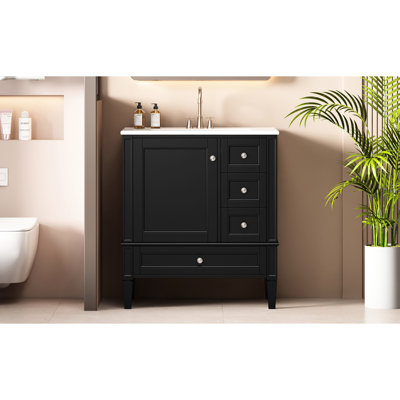 Meuble-lavabo 30 po avec lavabo en céramique - armoire en bois massif noir 3 tiroirs et objet fonctionnel