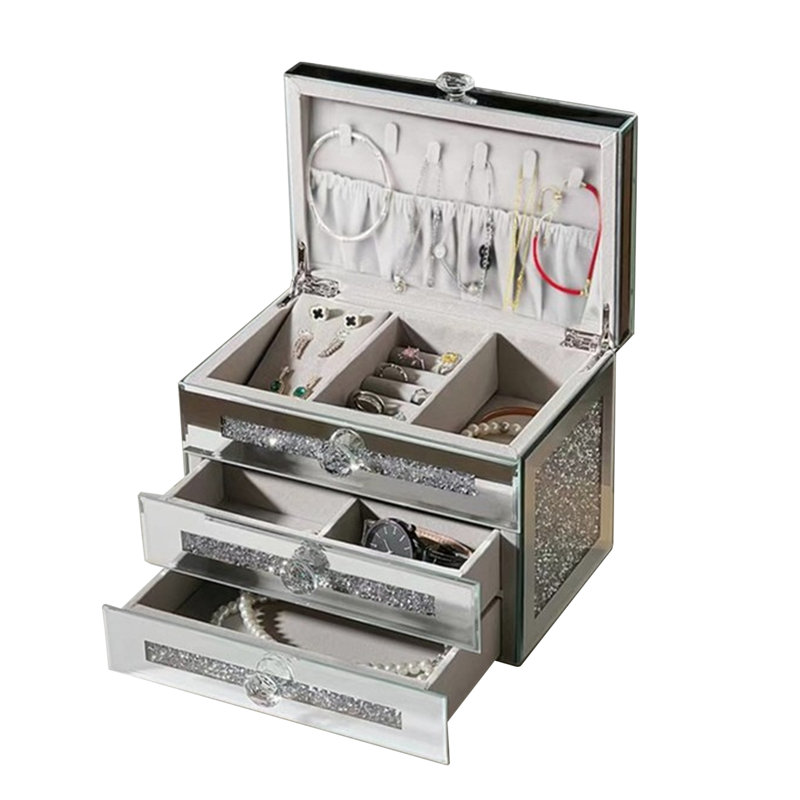 Jewelry Box 3-Layer 2 Drawers Mirrored Jewelry Organizer Box for Rings Necklaces Bracelets