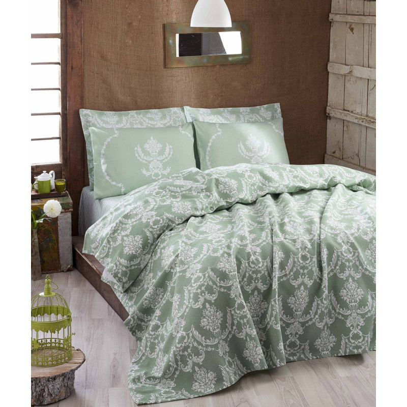 Cotton Damask Coverlet, Water Green/White, King Bedspread