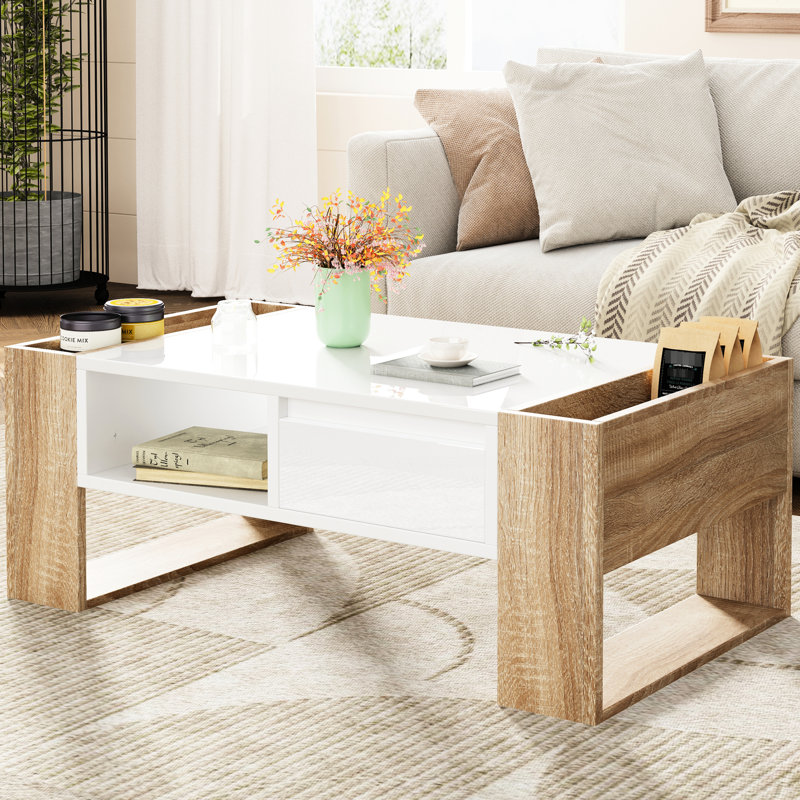 Table basse haute brillance avec compartiments latéraux - blanc 41,3 x 23,6 po pour le salon, la chambre à coucher à finition rectangulaire et le rangement à grain de bois 41,3 x 23,6 po