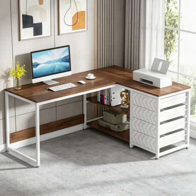 Bureau d'ordinateur en coin 59 po avec 4 tiroirs et tablettes de rangement en L 59 po