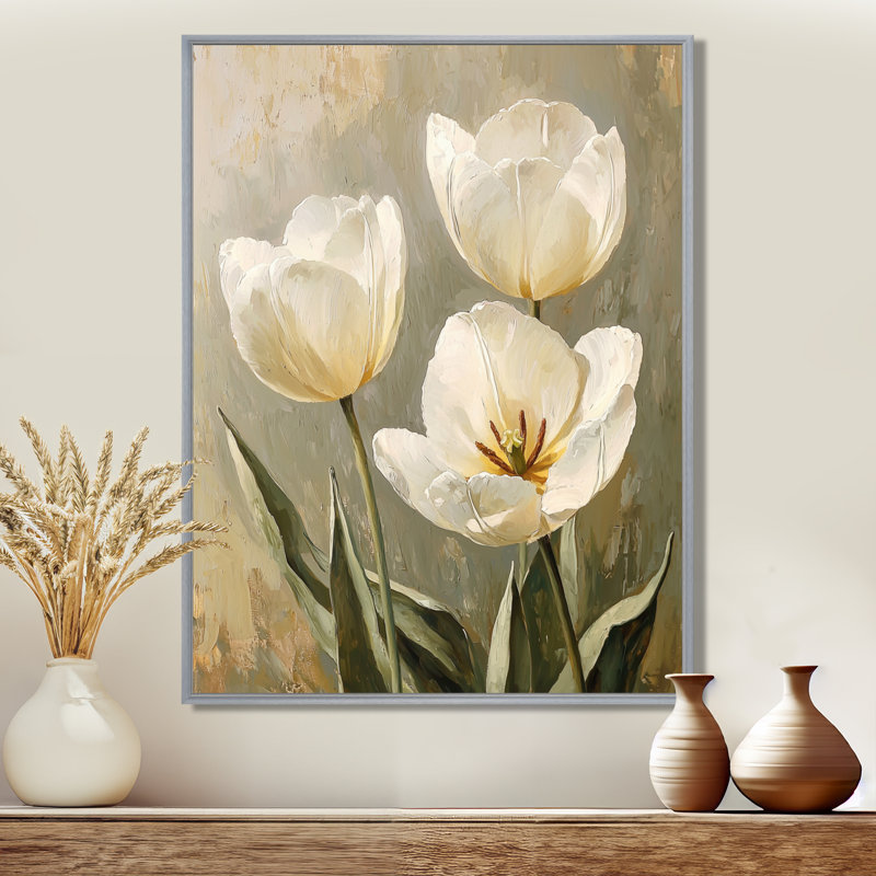 Tulipe blanche, danse de sérénité - Tulipes, art mural, H 32 po x l 24 po, Reproduction avec cadre flottant, Argent argent