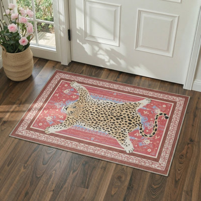 Alinda Apex Animal Print Machine Washable Leopard / Merlot 3' x 5' Doormat with Non-Slip Backing