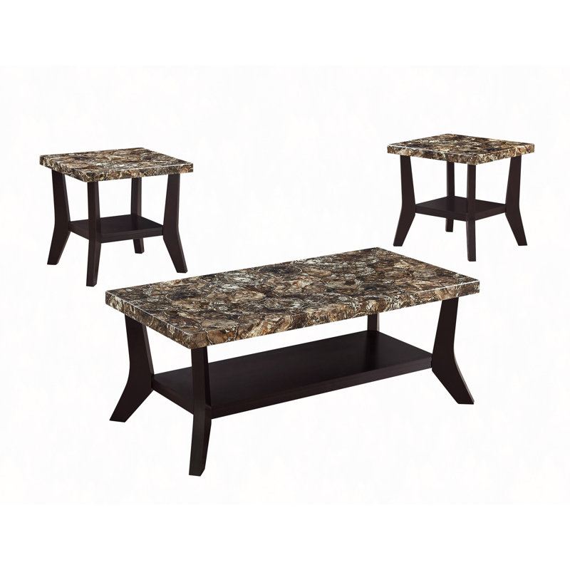 Ensemble de 3 tables basses en faux marbre avec deux tables de bout assorties et une base en bois avec tablettes de rangement intégrées