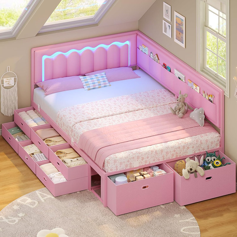 Lit de jour simple, base de lit d'angle avec 8 tiroirs, 6 poches de rangement, lumières ondulées RVB, Gris / Noir, Lit double