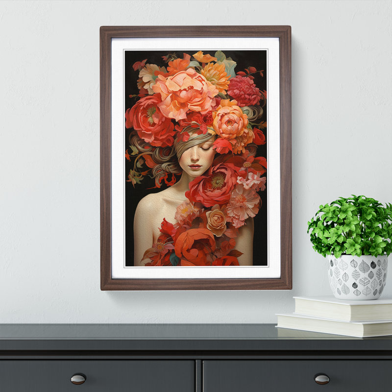 Floral Modern No.2 - Single Picture Frame Print on Wood, Walnut Framed, 46cm H x 34cm W