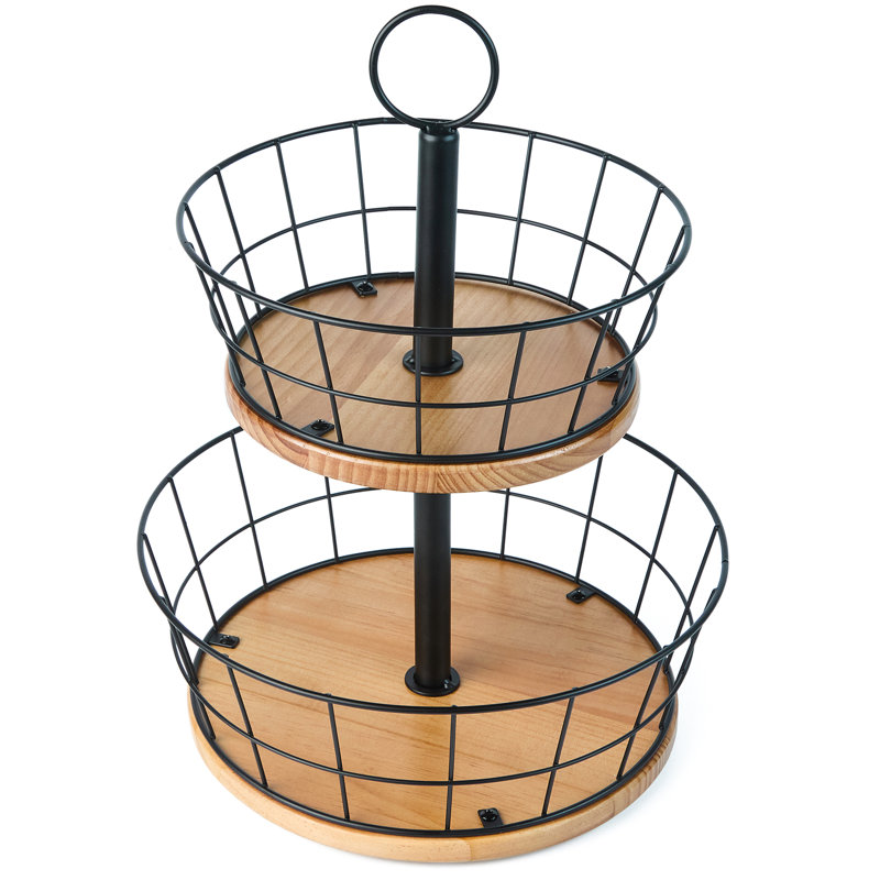Bol à fruits à 2 niveaux - panier de fruits robuste en fer avec base en bois véritable, grand panier à fruits de 12 pouces pour comptoir de cuisine, coussinets en silicone antidérapants, solution de rangement pour fruits et légumes à 2 niveaux