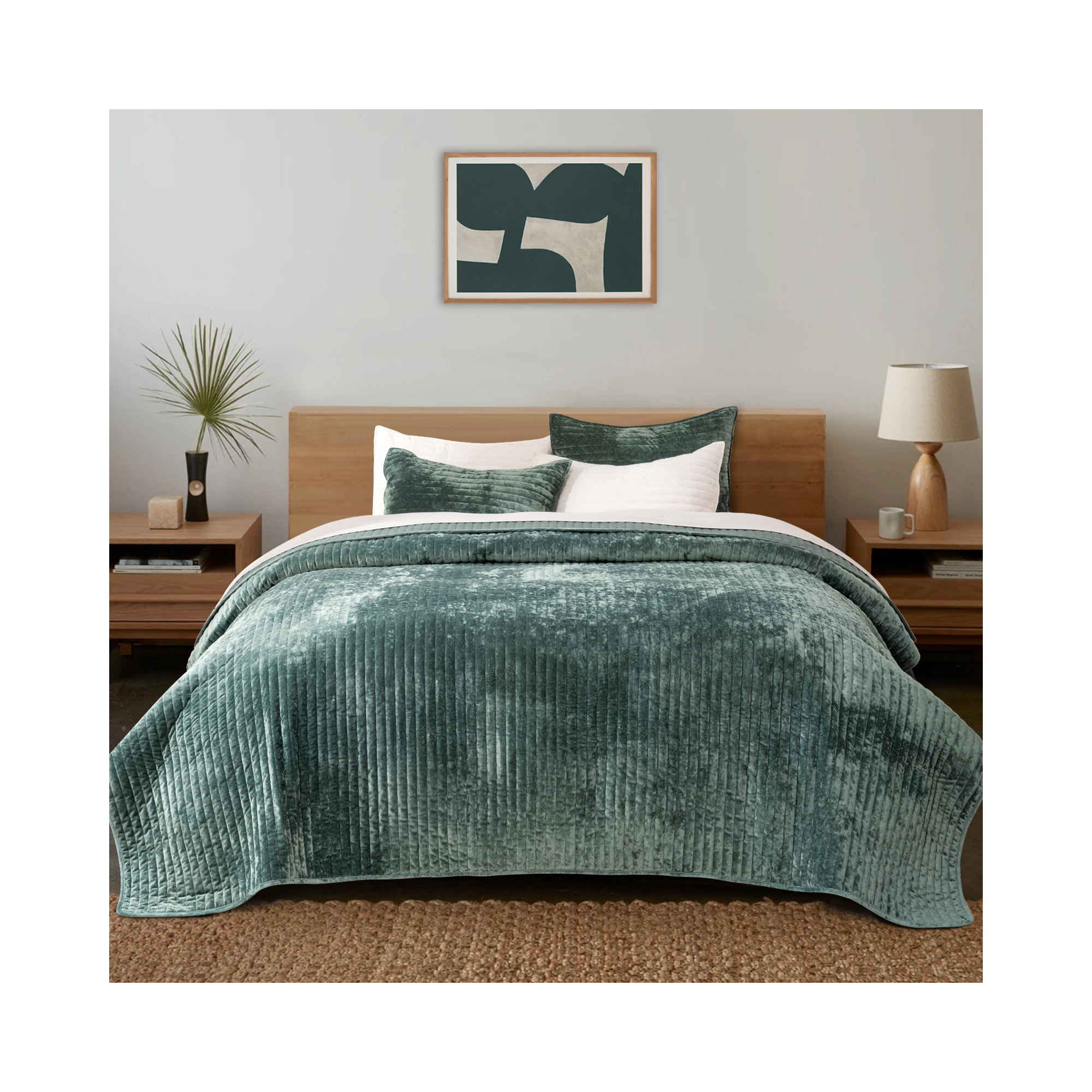 Luxe Velvet Channel Quilt Set, Queen, Dark Green
