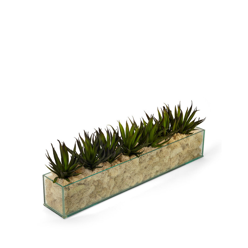 Long Clear Glass Planter with Green Artificial Agave Arrangement