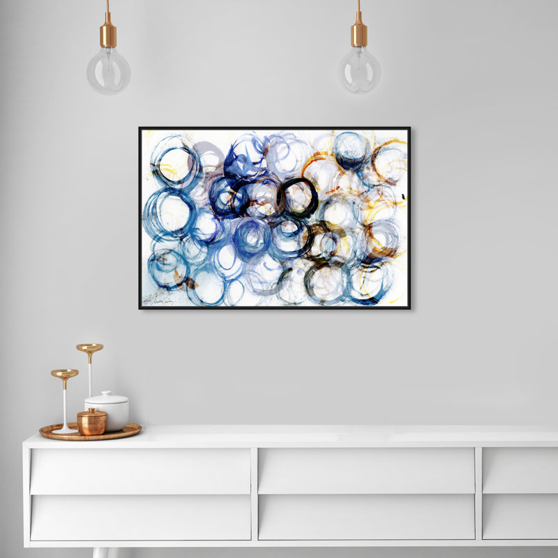 Sons d'hier, motif de cercle géométrique moderne sur toile bleue pour le salon, H 25 po x l 37 po, Cadre en bois noir