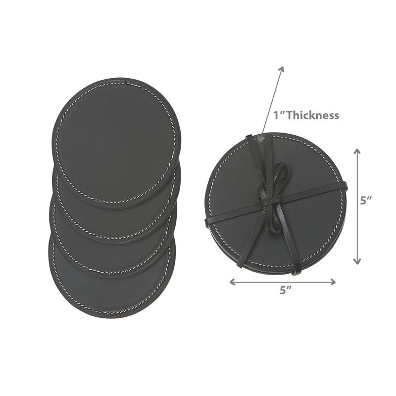 Set of 4 Round Brown Leather Coasters