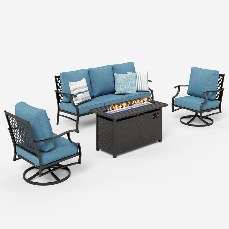 Ensemble de conversation de patio pour 5 personnes Asfand avec chaises longues pivotantes et table de foyer, Bleu denim