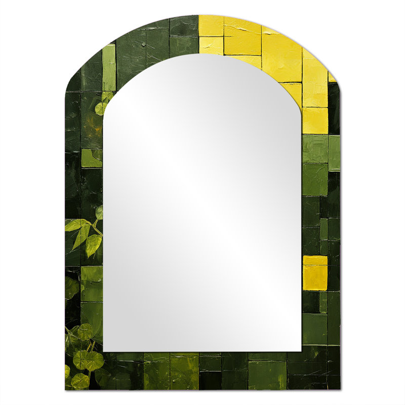 Green Eco Friendly Cubic collage II - Cubism Arch Unique Wall Mirror Decor, Green Asymmetrical Large Mirror, Printed Metal Art