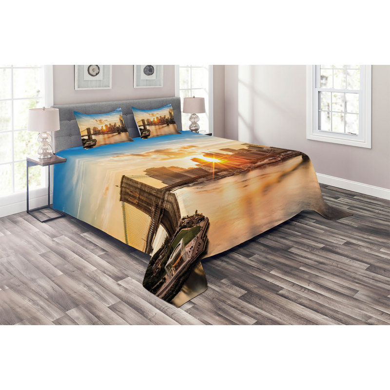 King Size White Microfiber Quilted Bedspread Set with Cityscape Design