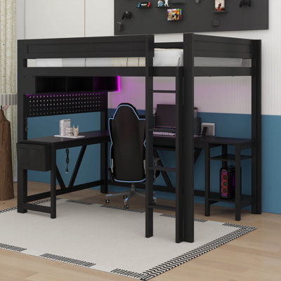 Wood Full Size Gaming Loft Bed With Built-In Desk, LED Light Strip, USB Charging Ports & Storage Shelf