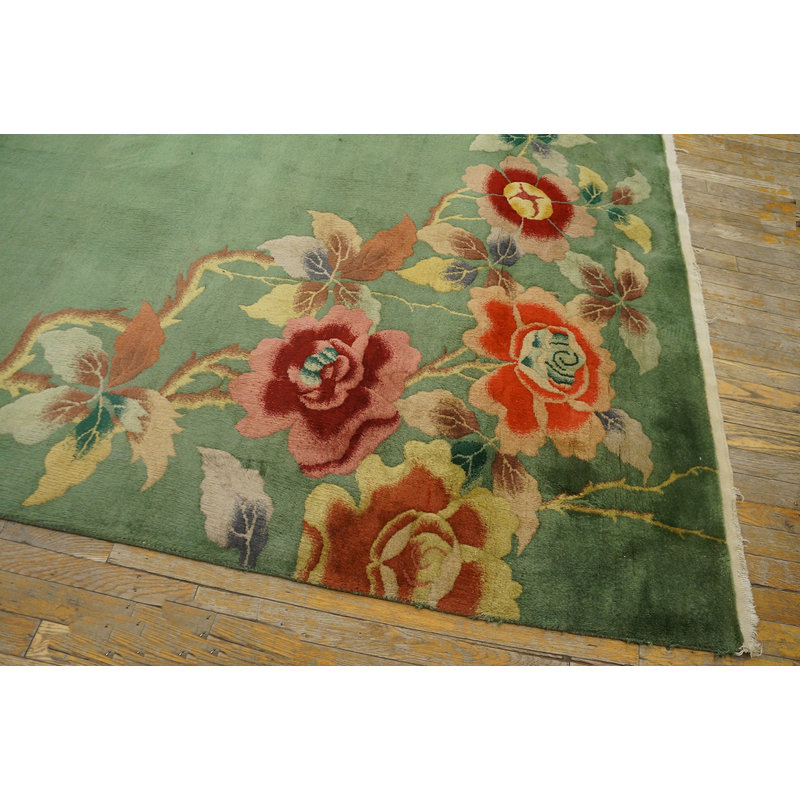 Antique Art Deco Chinese Floral Green 1935 Rug