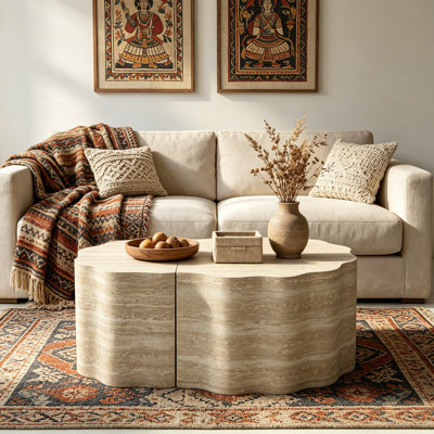 Wabi-Sabi Travertine Coffee Table Set, Irregular Wavy Edge 2-Piece Set, Living Room Stone-Look Side Table