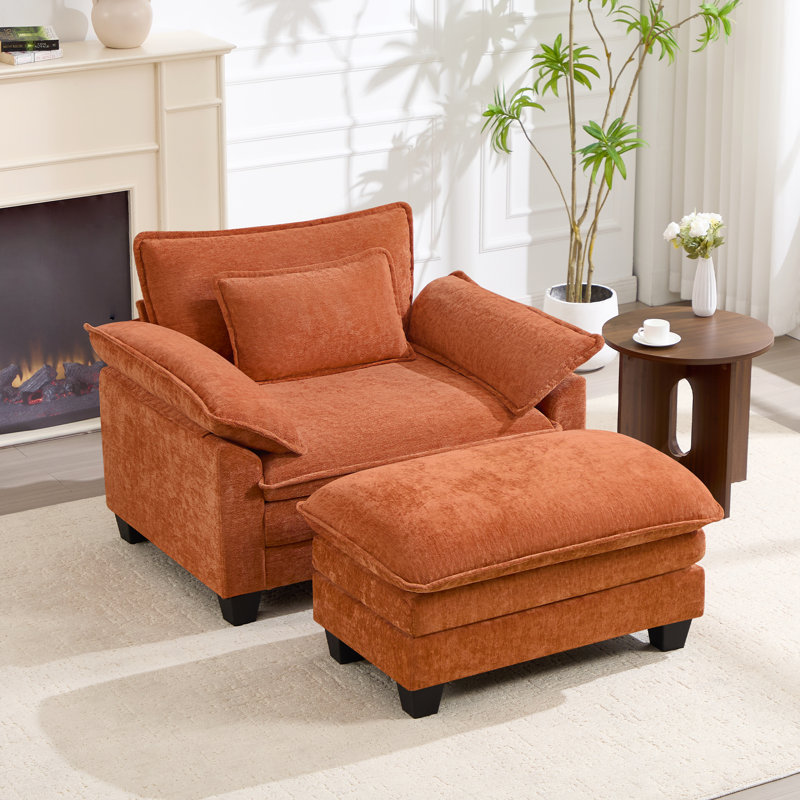 Chaise d'appoint moderne surdimensionnée en chenille avec repose-pieds, ensemble de canapé simple à assise profonde 2 pièces et chaise longue